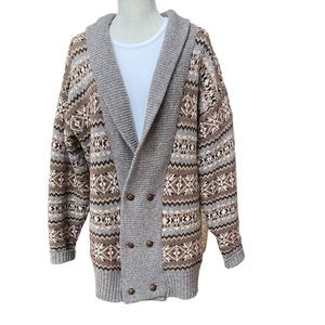 Maban of Scotland Oversize Knit Wool Double-breasted‎ Sweater with Aztec …